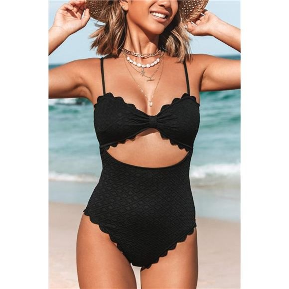 Women's One Piece Swimsuit Sexy Black Cutout Scallop Trim Bathing Suit - Picture 3 of 6